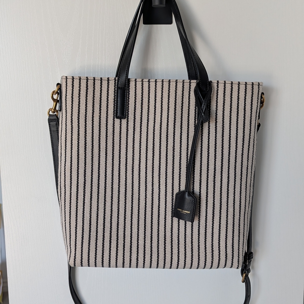 Canvas Stripe Tote Bag with Black Leather Trim